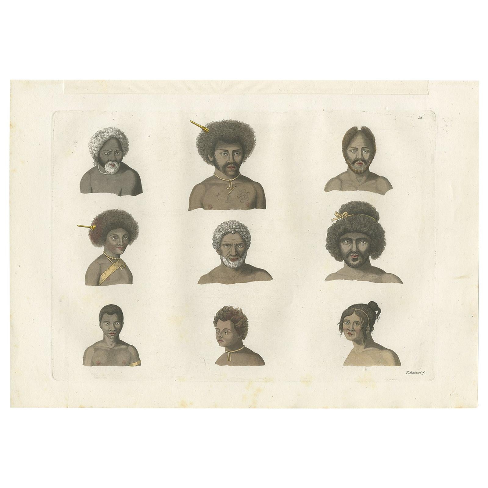 Antiker Druck von verschiedenen Bewohnern der Insel Rawak von Ferrario '1831'