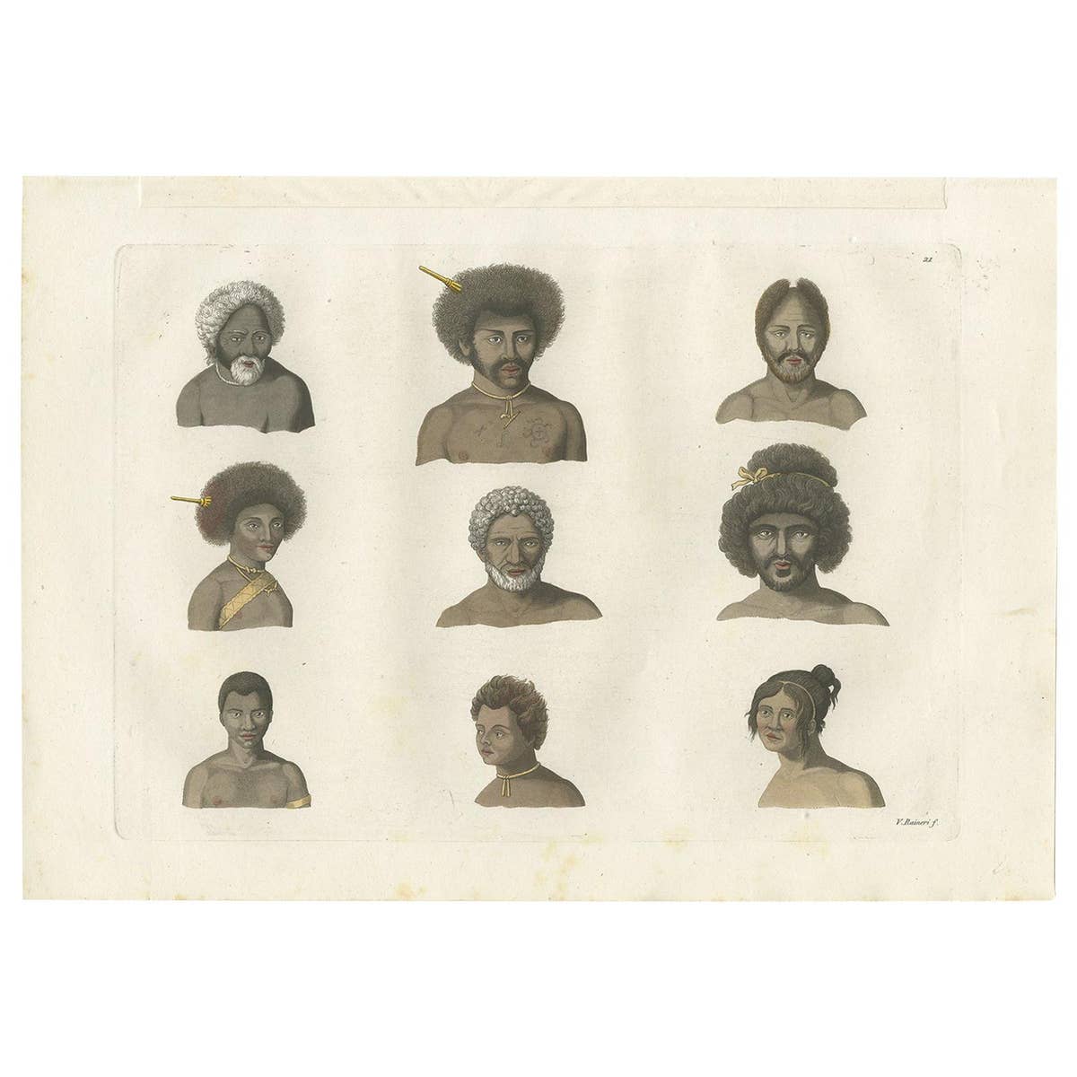 Antique Print of Various Inhabitants of Rawak Island by Ferrario '1831'