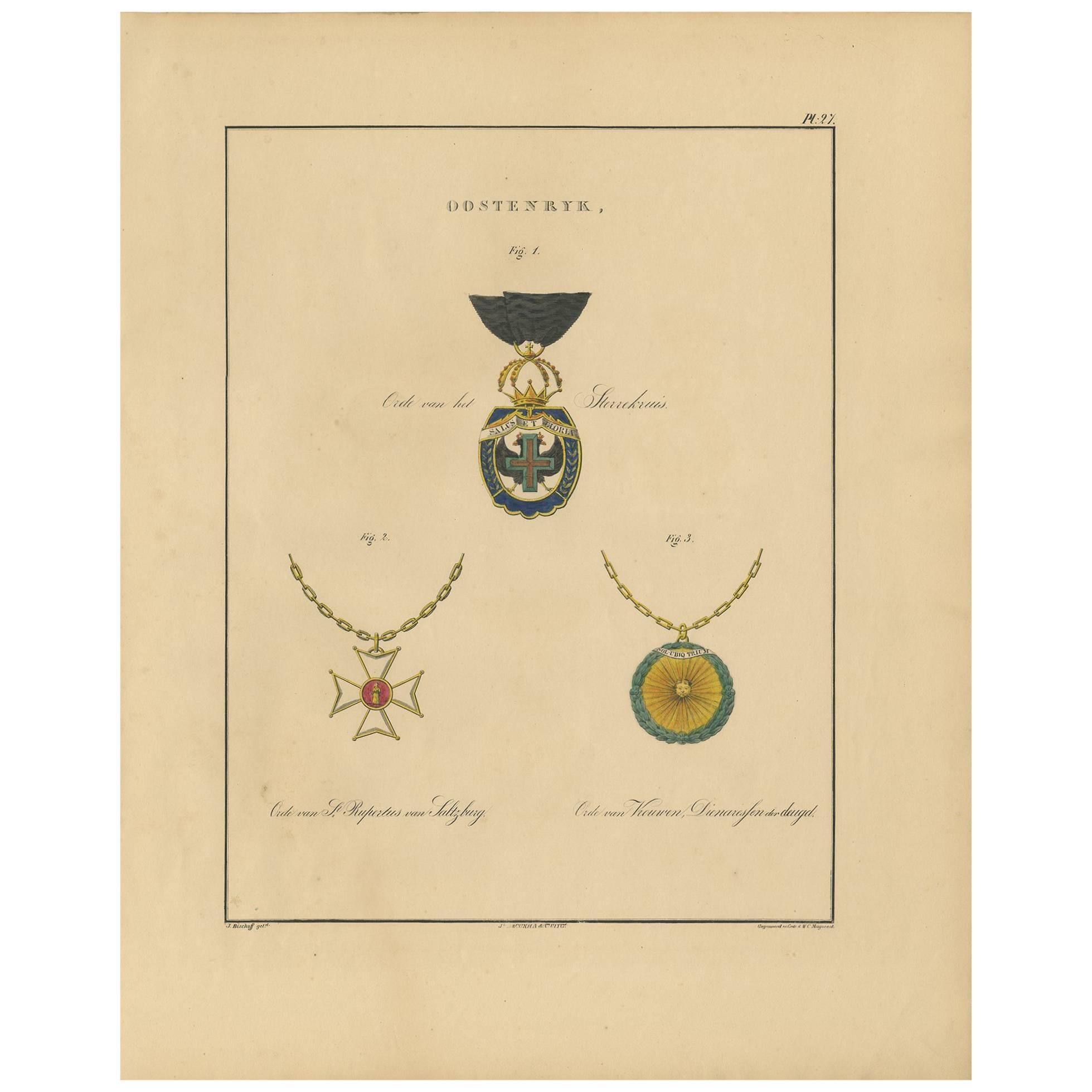 Antique Print of various Medals of Austria by G.L. de Rochemont, 1843