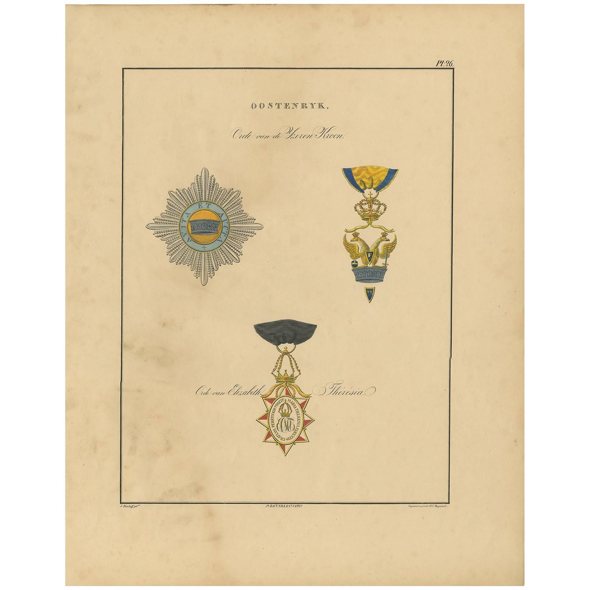 Antique Print of various Medals of Austria 'II' by G.L. de Rochemont, 1843 For Sale