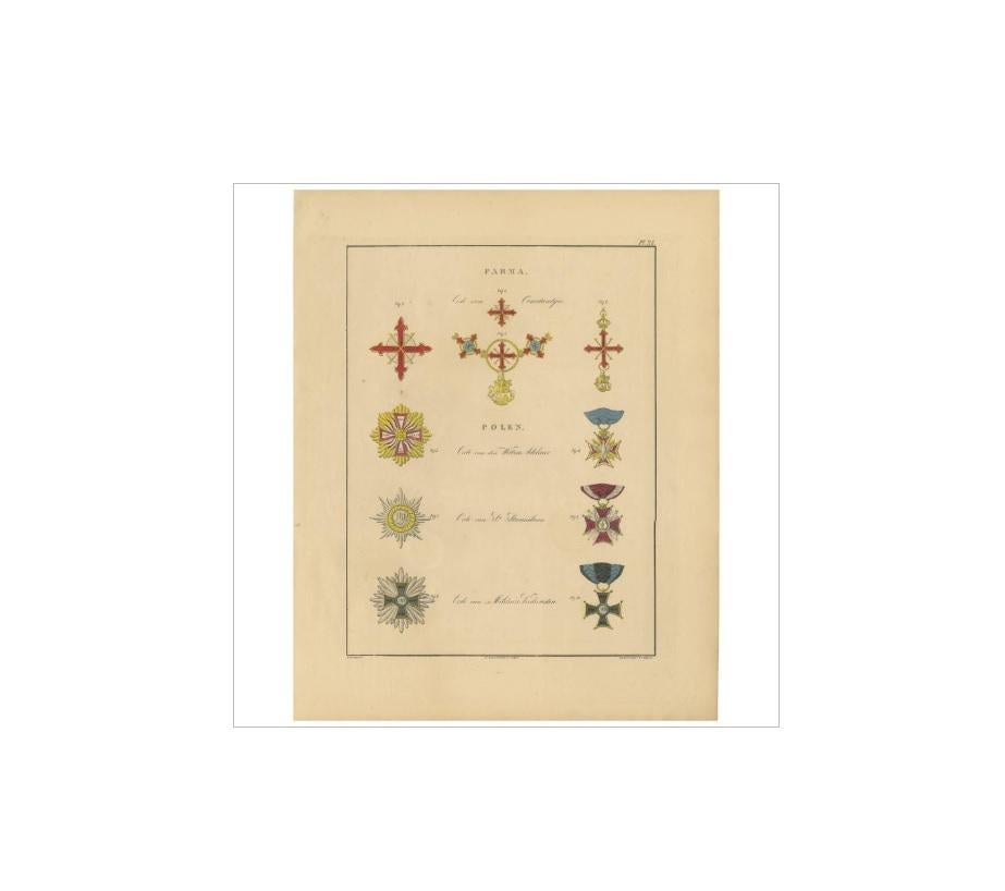19th Century Antique Print of various Medals of Parma & Poland by G.L. de Rochemont, 1843 For Sale