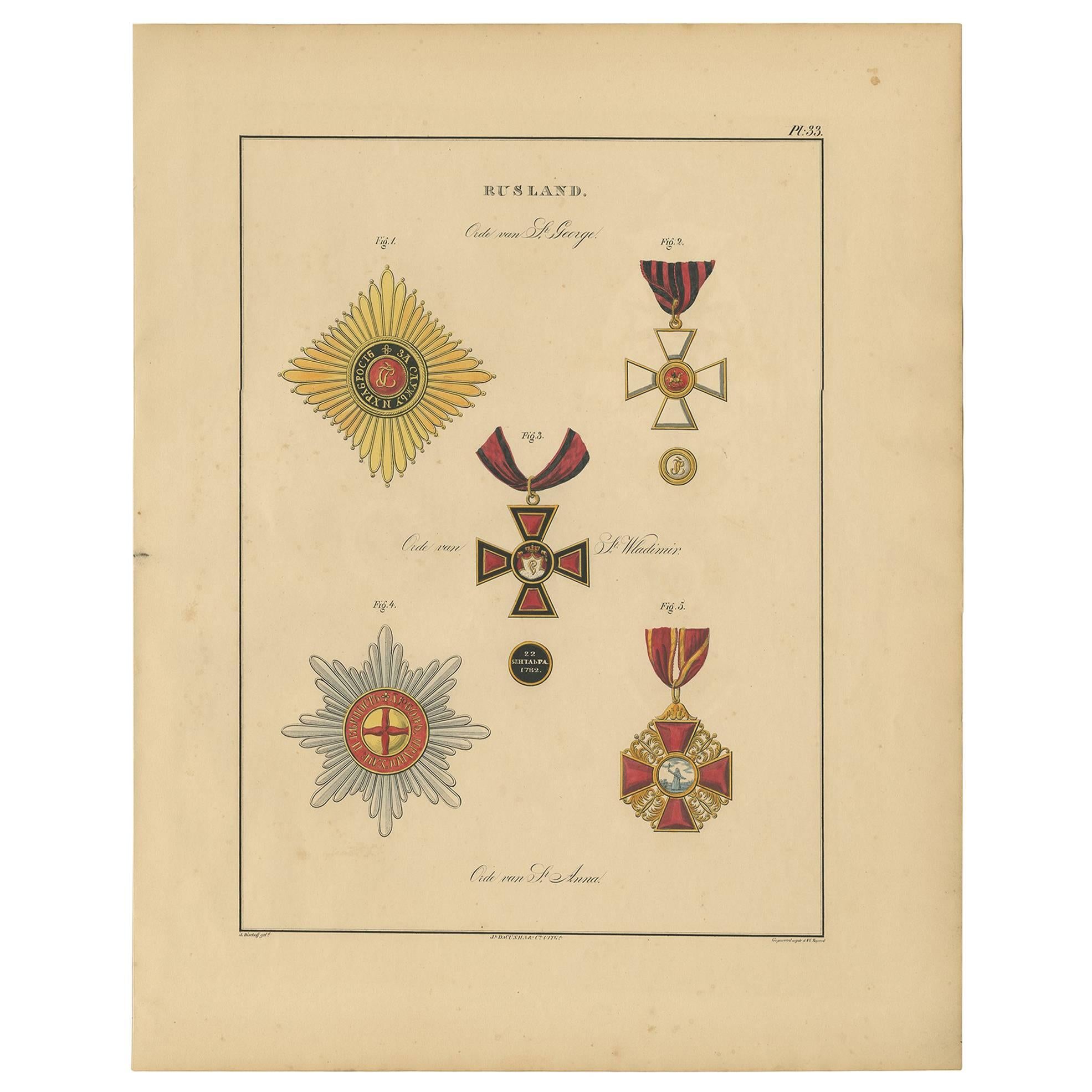 Antiker antiker Druck verschiedener Medaillen Russlands von G.L. de Rochemont, 1843