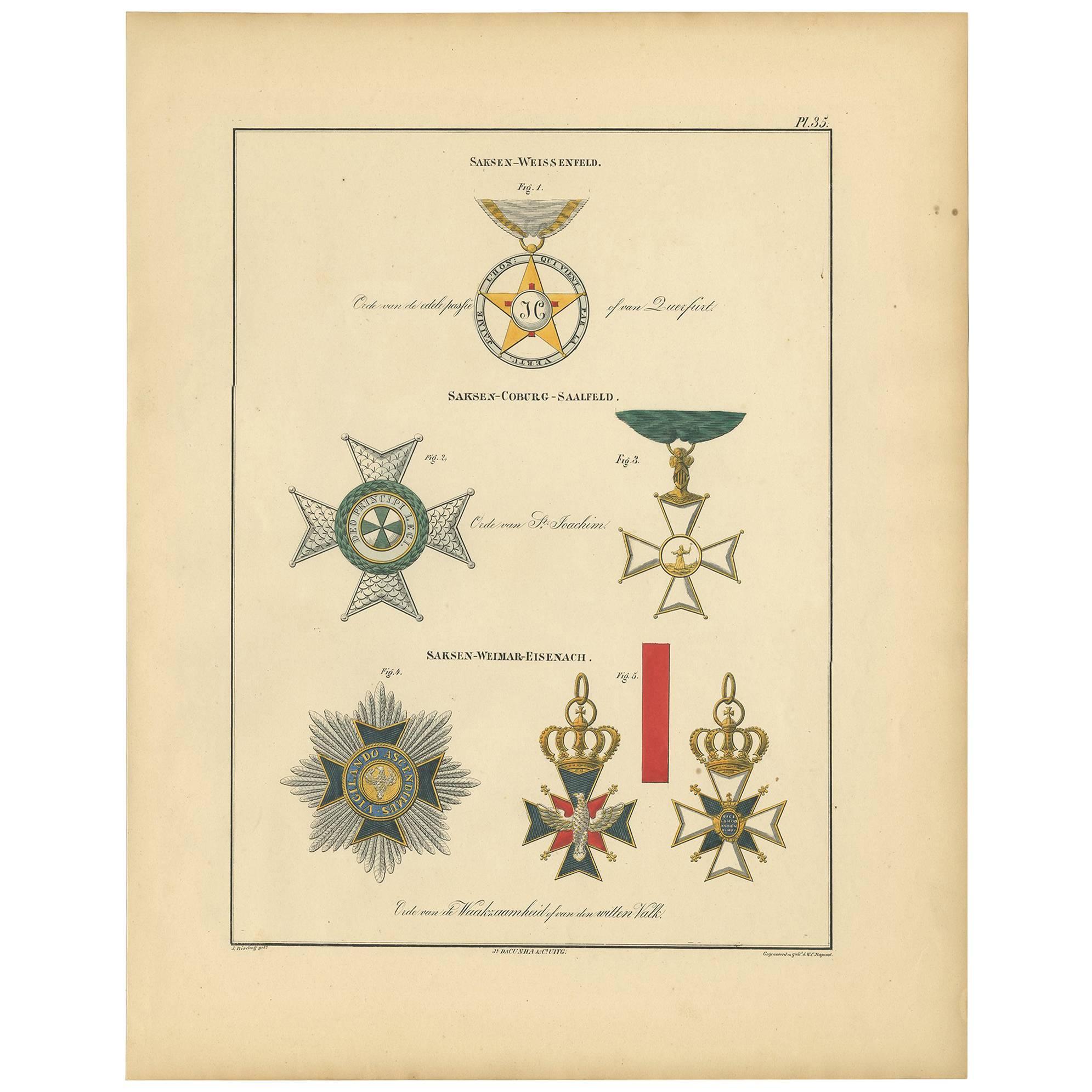 Stampa antica di varie medaglie di Sakse e Weissenfels di Rochemont del 1843