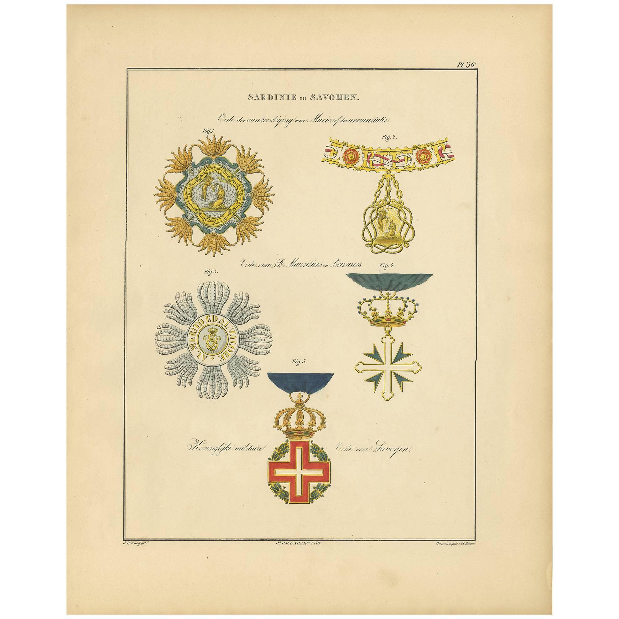 Antiker antiker Druck verschiedener Medaillen von Sardinien und Savoyen von G.L. de Rochemont, 1843