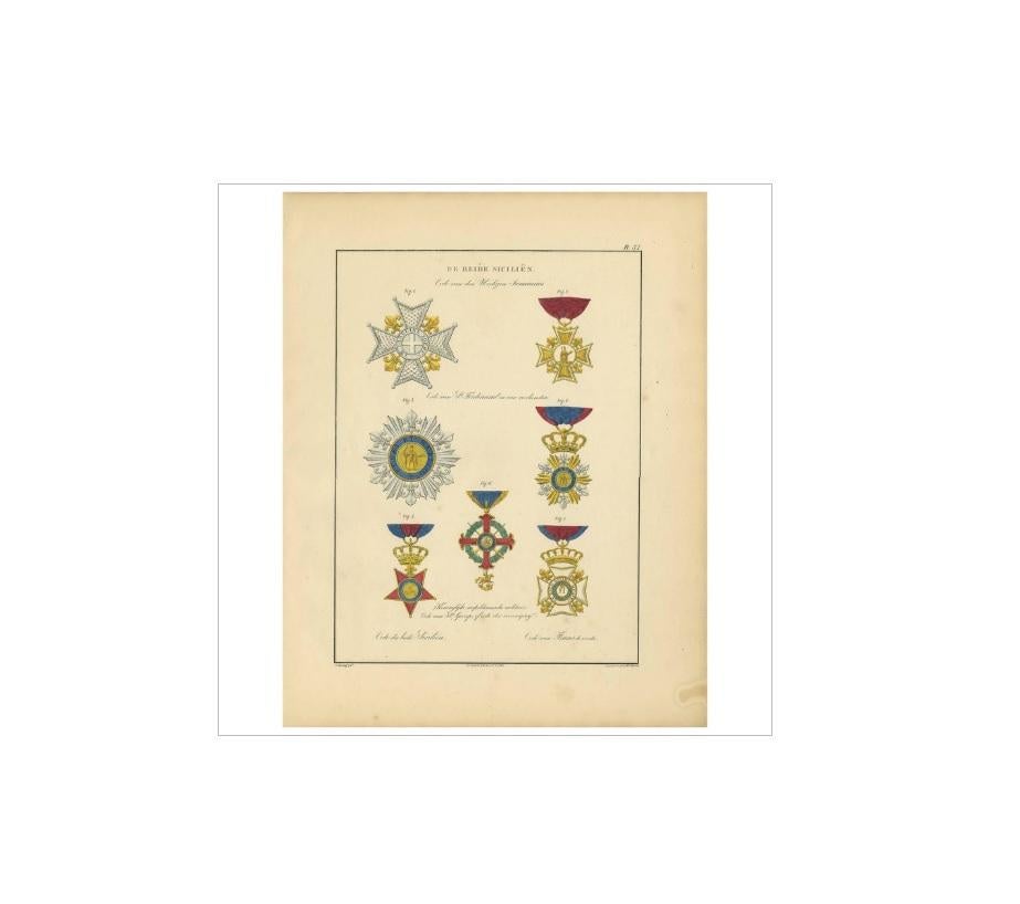 19th Century Antique Print of Various Medals of Sicily by G.L. de Rochemont, 1843 For Sale