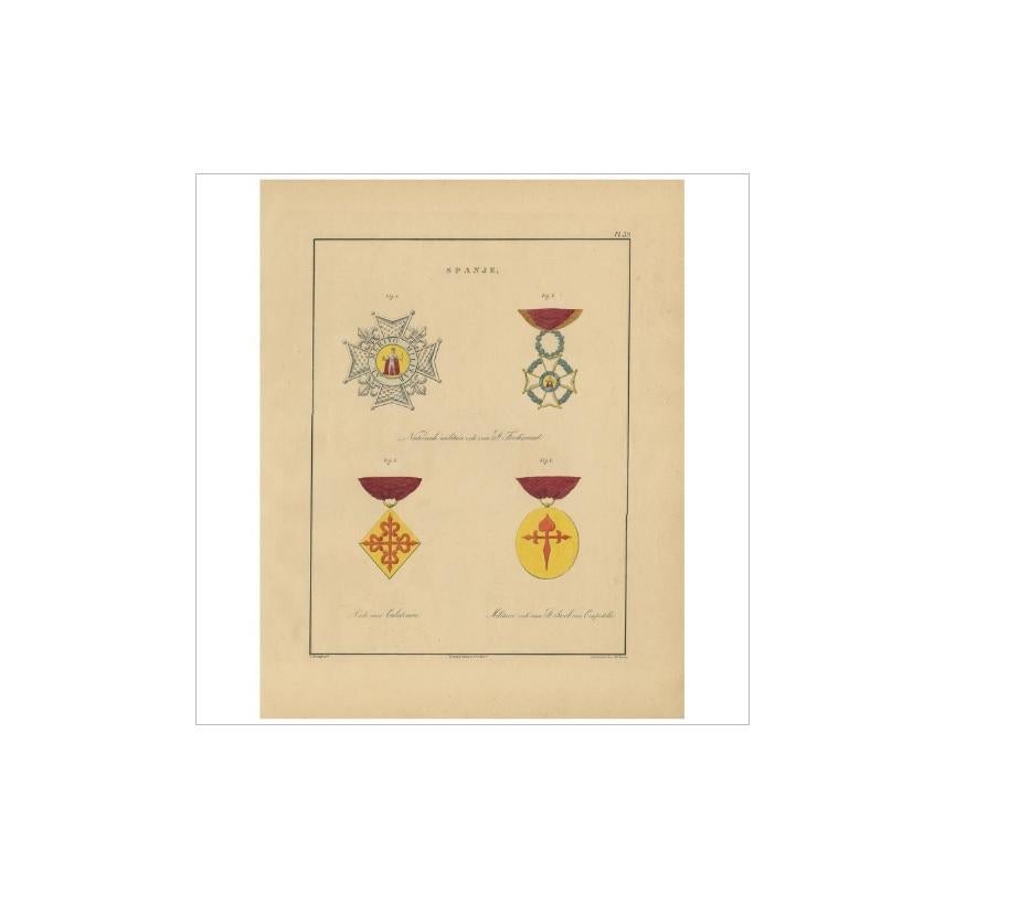 XIXe siècle Impression ancienne de diverses médailles d'Espagne 'II' par G.L. De Rochemont, 1843 en vente