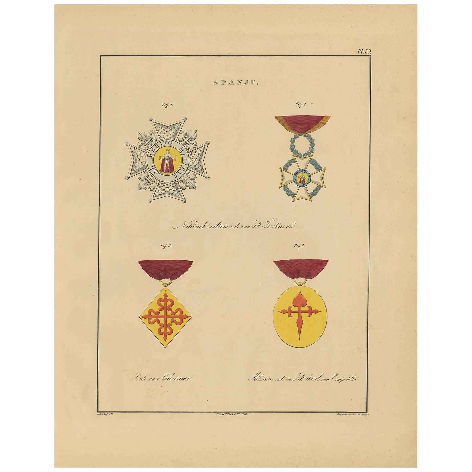 Antique Print of Various Medals of Spain 'II' by G.L. De Rochemont, 1843 For Sale