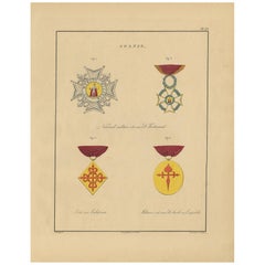 Stampa antica di varie medaglie di Spagna 'II' di G.L. De Rochemont, 1843