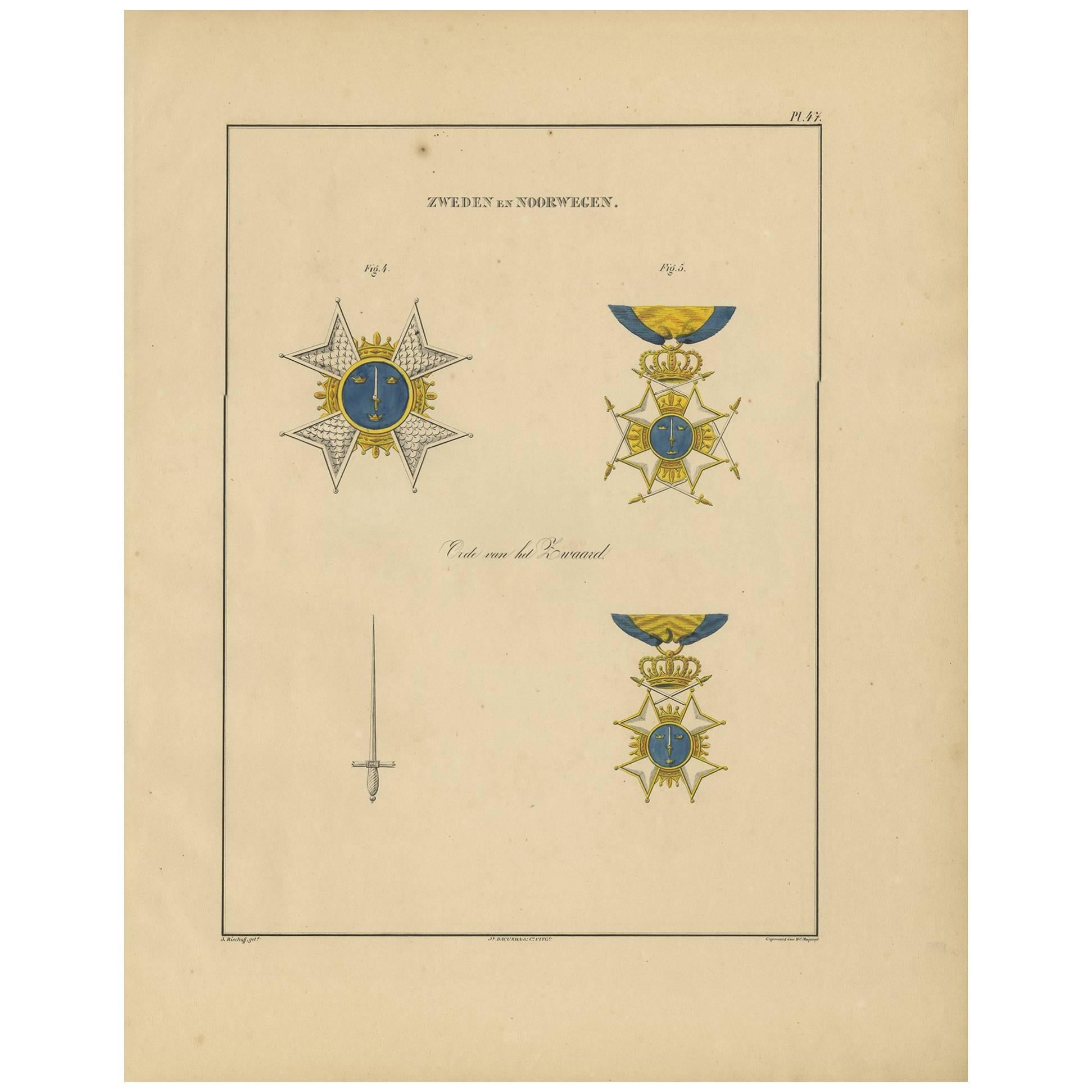 Antique Print of Various Medals of Sweden & Norway 'II' , 1843