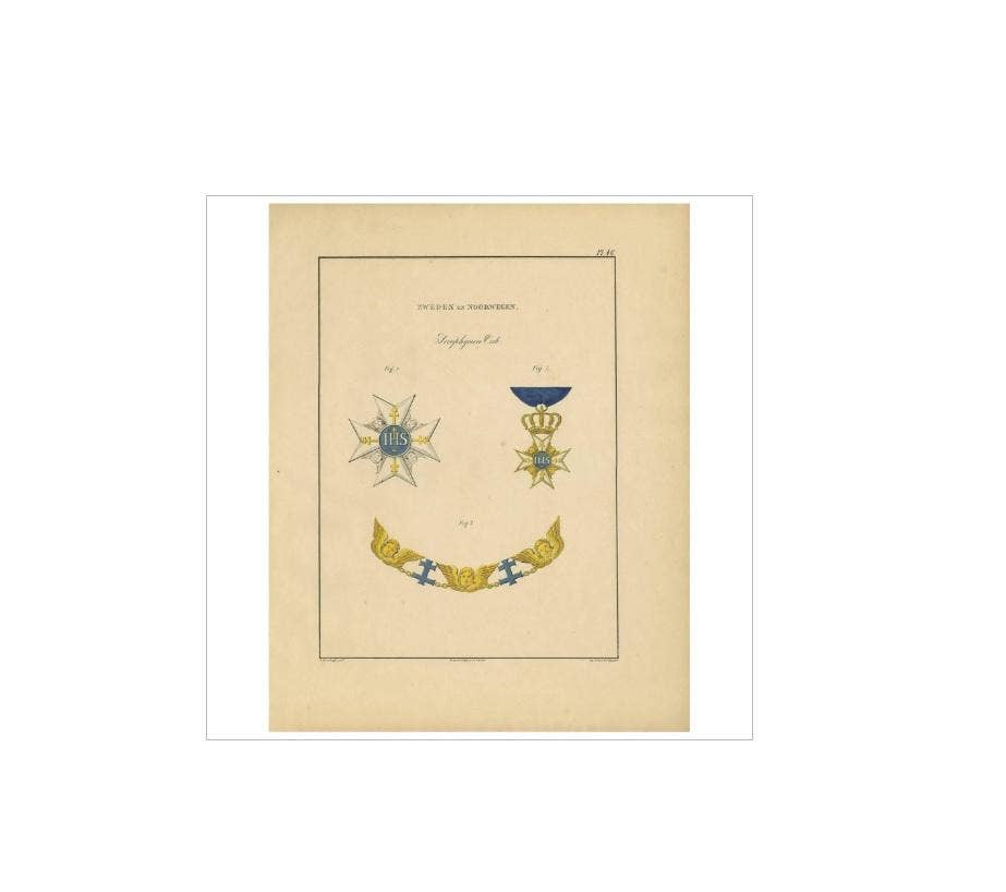 Rare Antique Print of Various Medals of Sweden & Norway ‘III’ , 1843