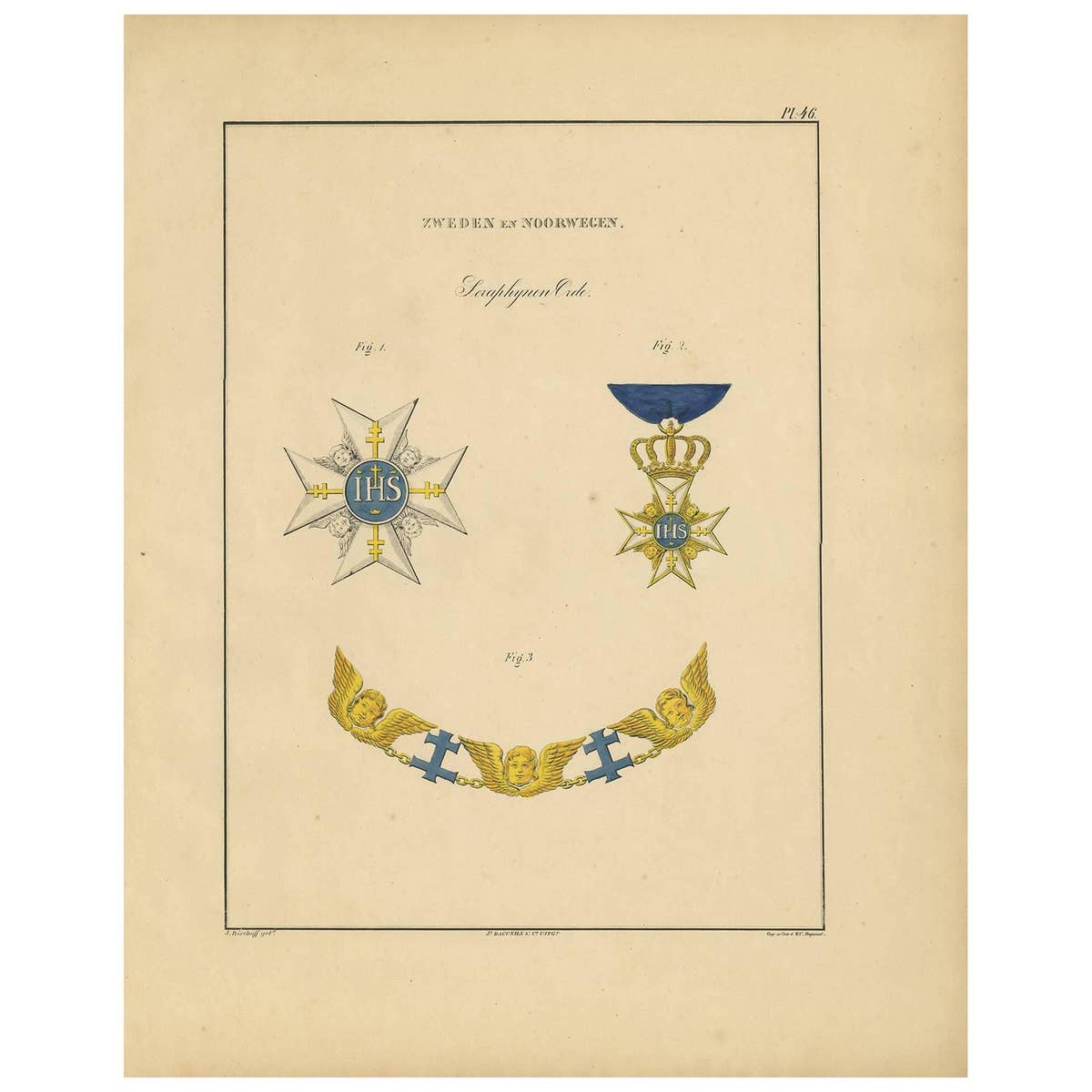 Rare Antique Print of Various Medals of Sweden & Norway ‘III’ , 1843