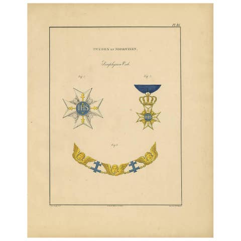 Rare Antique Print of Various Medals of Sweden & Norway ‘III’ , 1843