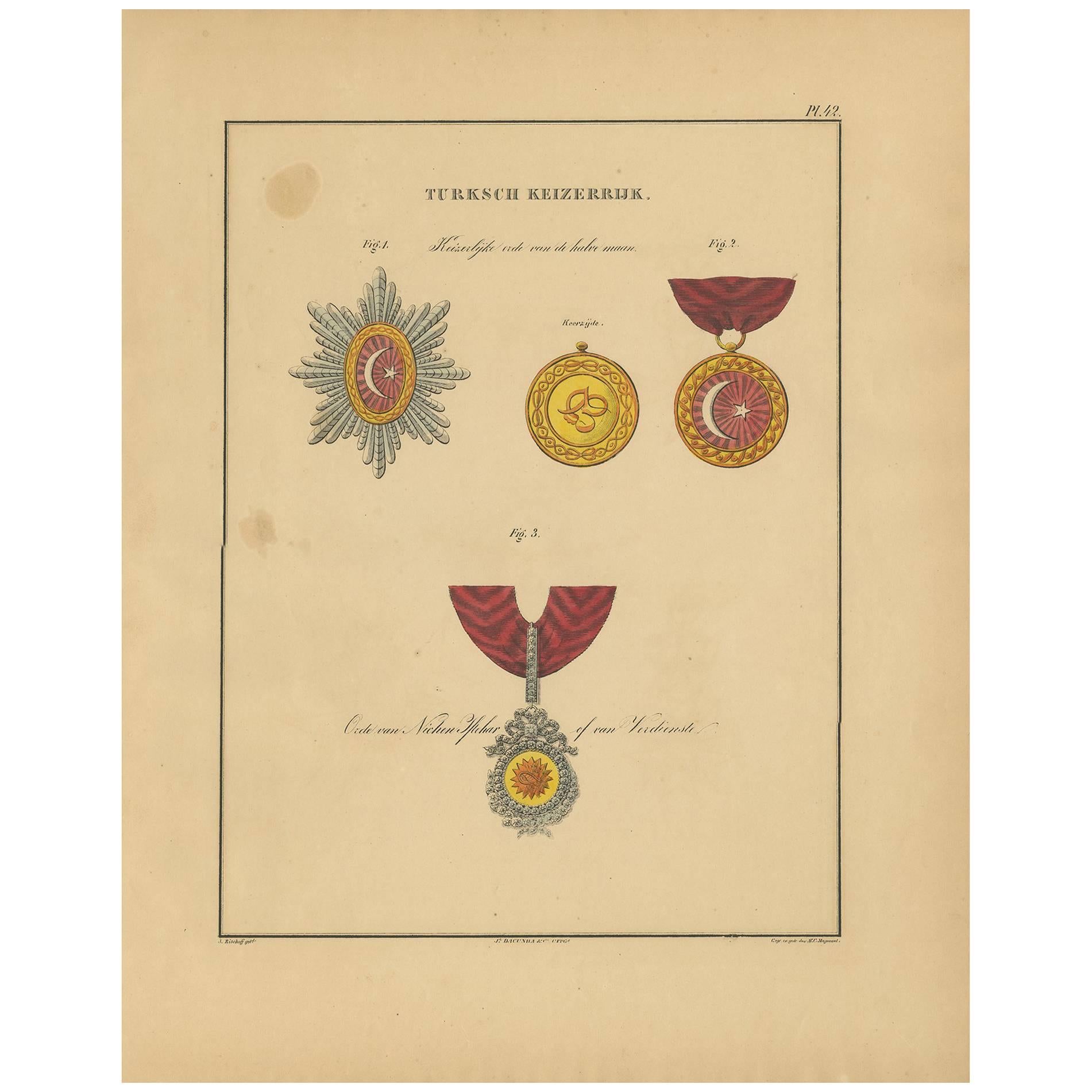 Antique Print of Various Medals of the Turkish Empire, 1843 For Sale