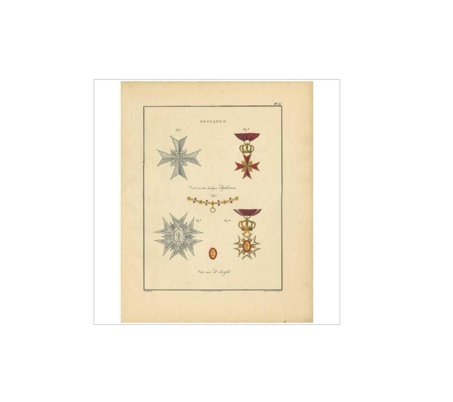 Antique Print of Various Medals of Tuscany in Italy, 1843