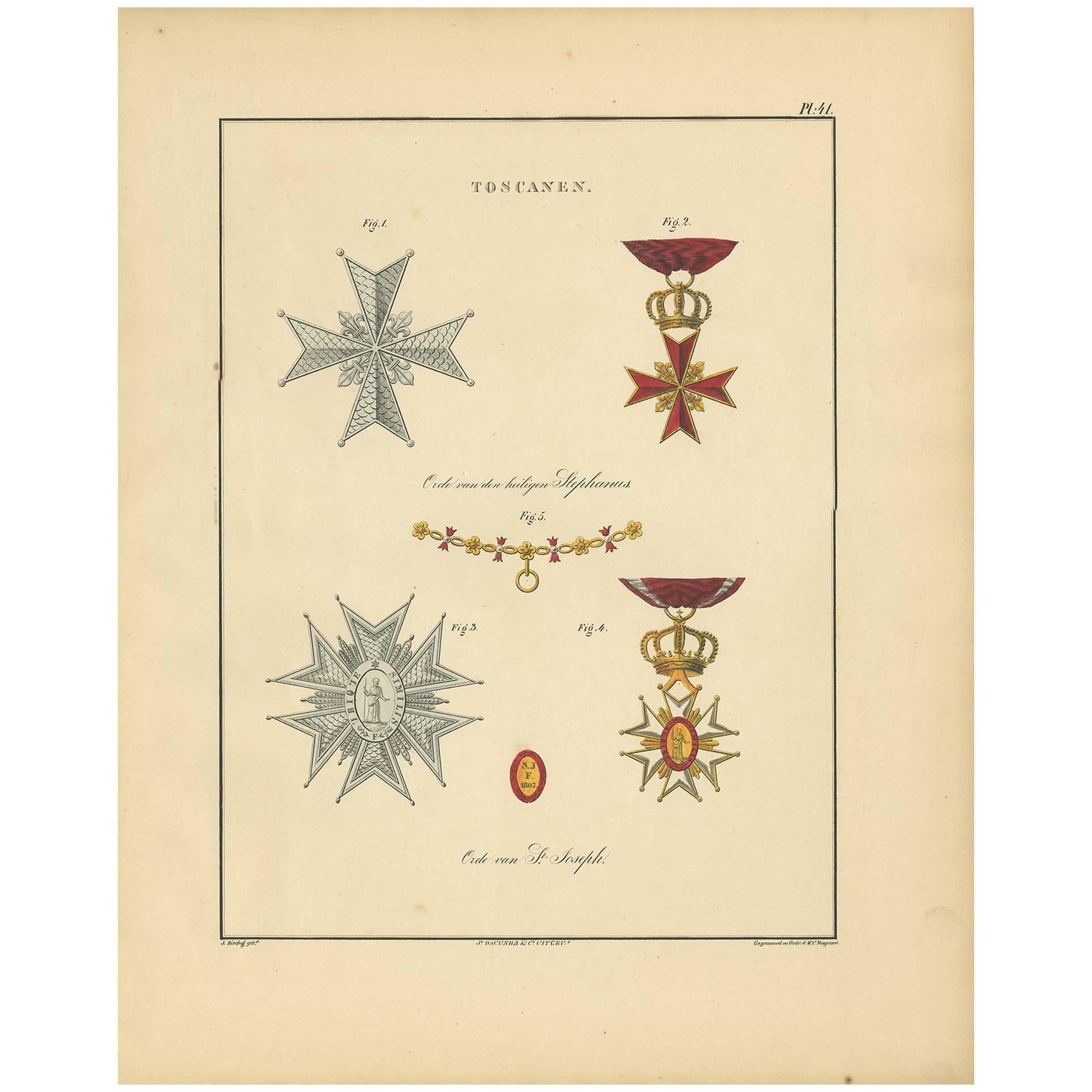 Antique Print of Various Medals of Tuscany in Italy, 1843 For Sale