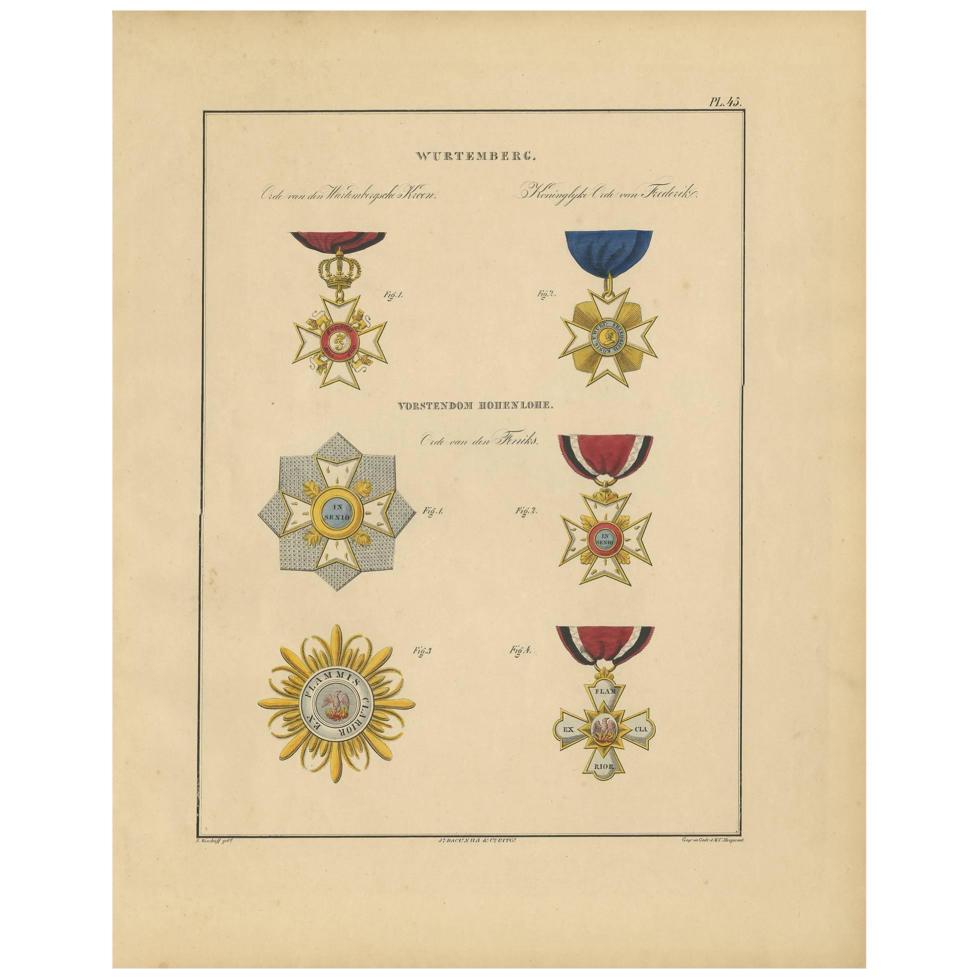 Antiker antiker Druck verschiedener Medaillons von Wurttemberg von G.L. de Rochemont, 1843