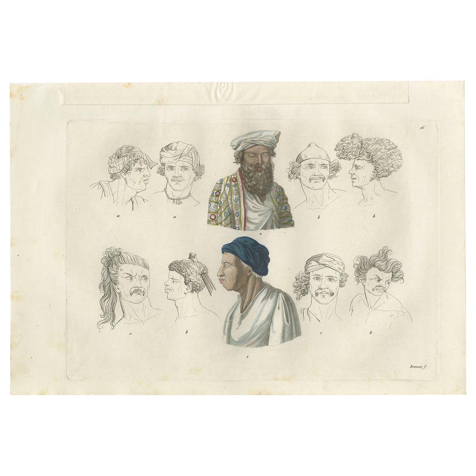 Antiker Druck von verschiedenen südostasiatischen Ureinwohnern von Ferrario, '1831'