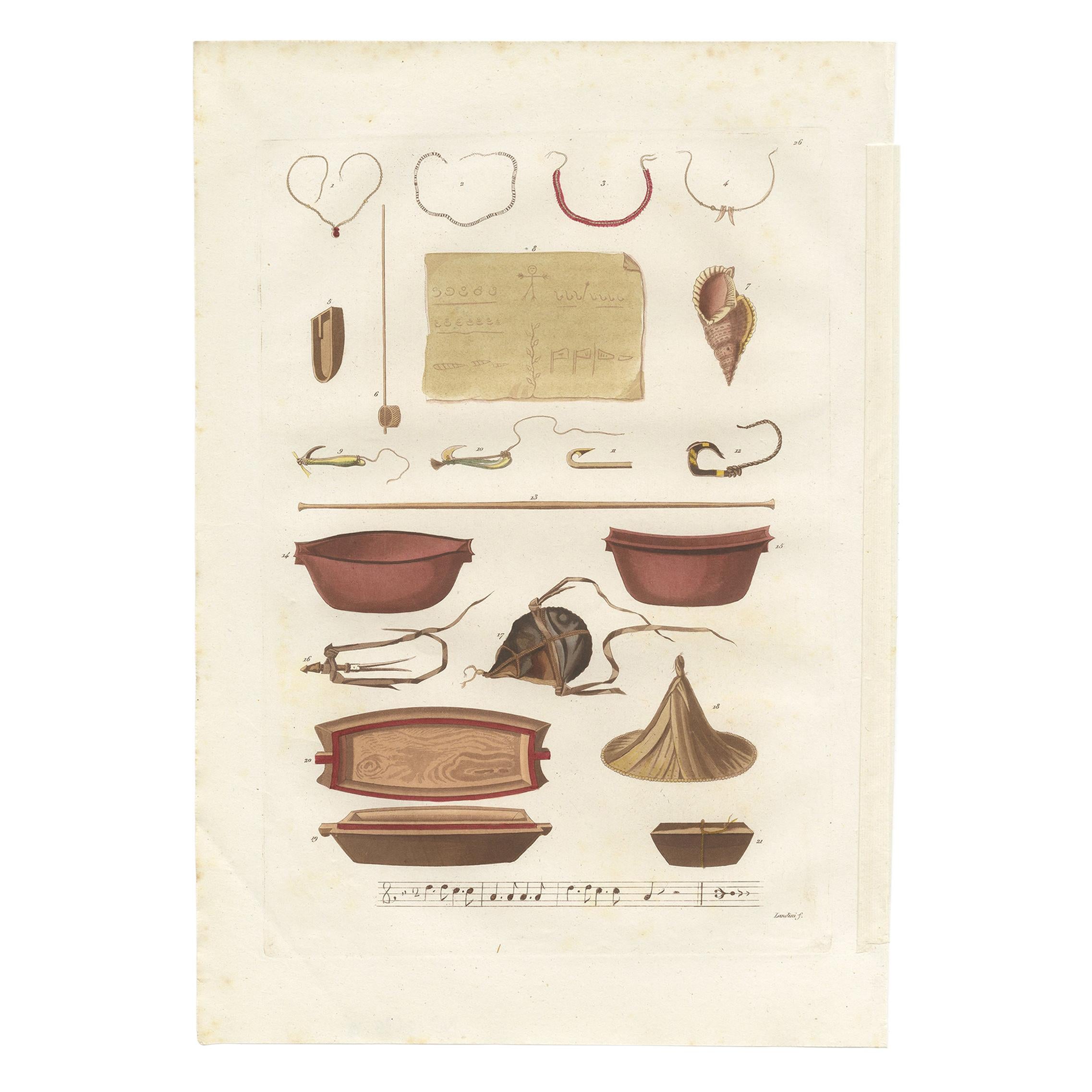 Impression ancienne de divers objets des îles Caroline par Ferrario '1831' en vente