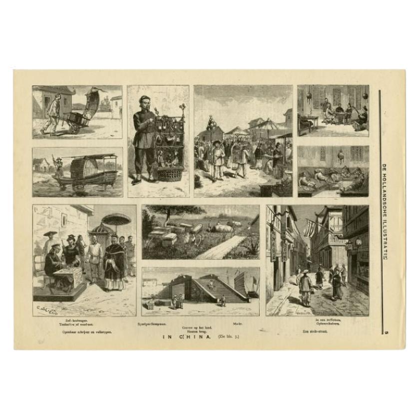 Antique Print of Various Scenes in China, circa 1900 For Sale