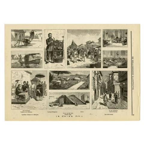Antique Print of Various Scenes in China, circa 1900