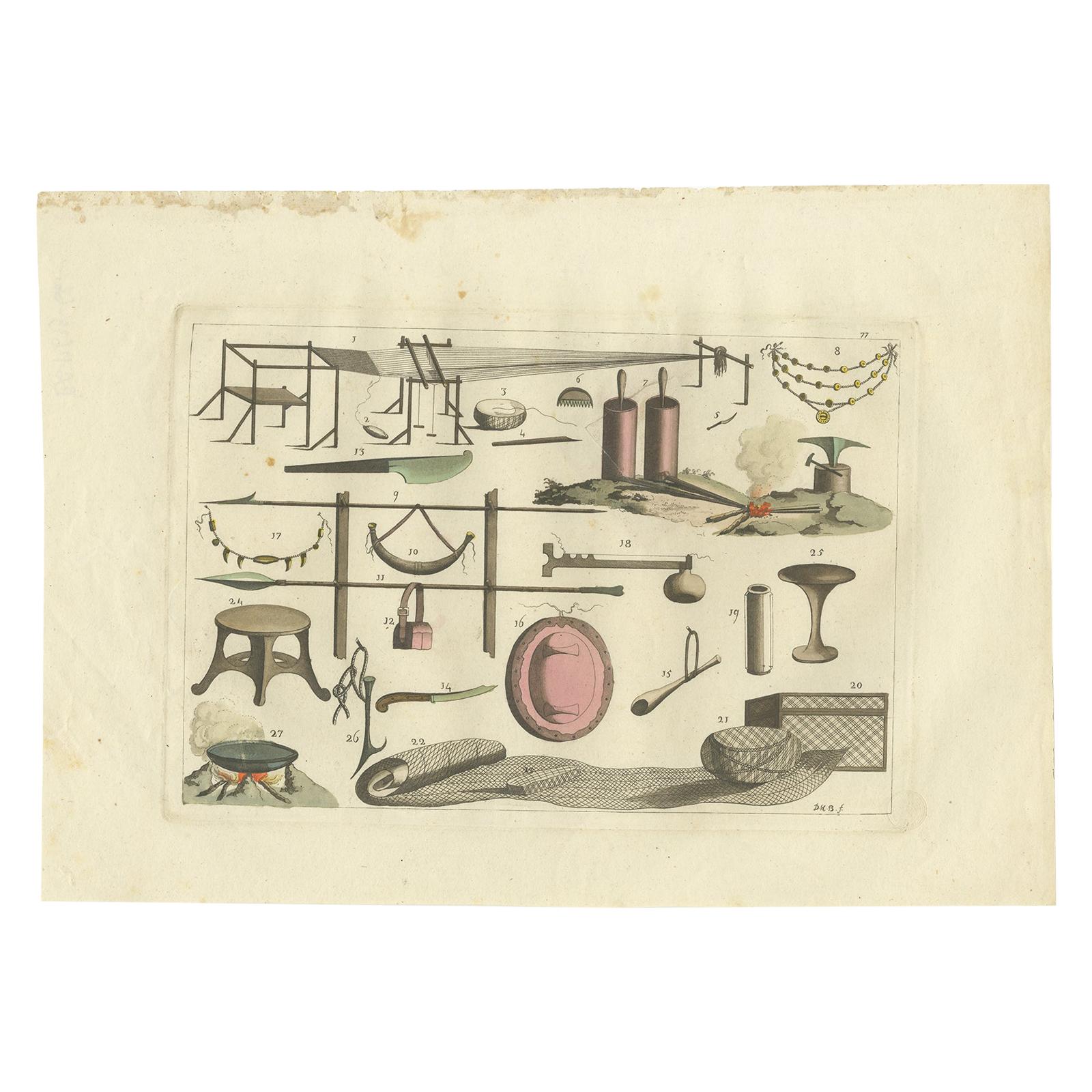 Antiker Druck verschiedener Werkzeuge und Utensilien von Ferrario '1831'