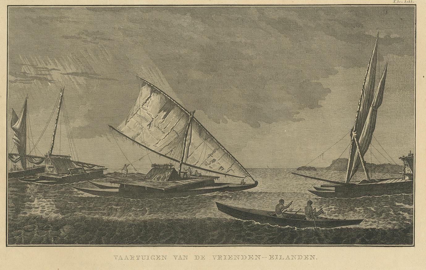 Gravure ancienne intitulée 'Vaartuigen van de Vrienden-Eilanden'. Impression représentant divers bateaux des Îles amies. Provient de 