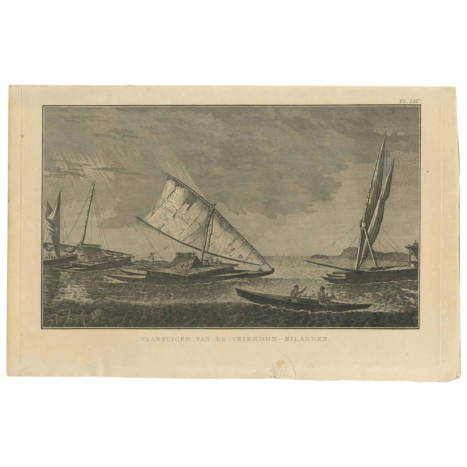 Impression ancienne de différents récipients des îles amicales par Cook, 1803