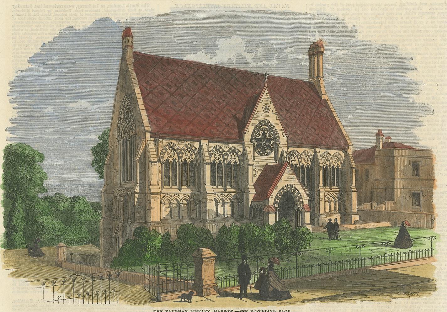 Antique print titled 'The Vaughan Library, Harrow'. View of the Vaughan Library, part of Harrow school. It is over 150 years old and was designed in Victorian Gothic style by George Gilbert Scott. This print originates from 'The Illustrated London