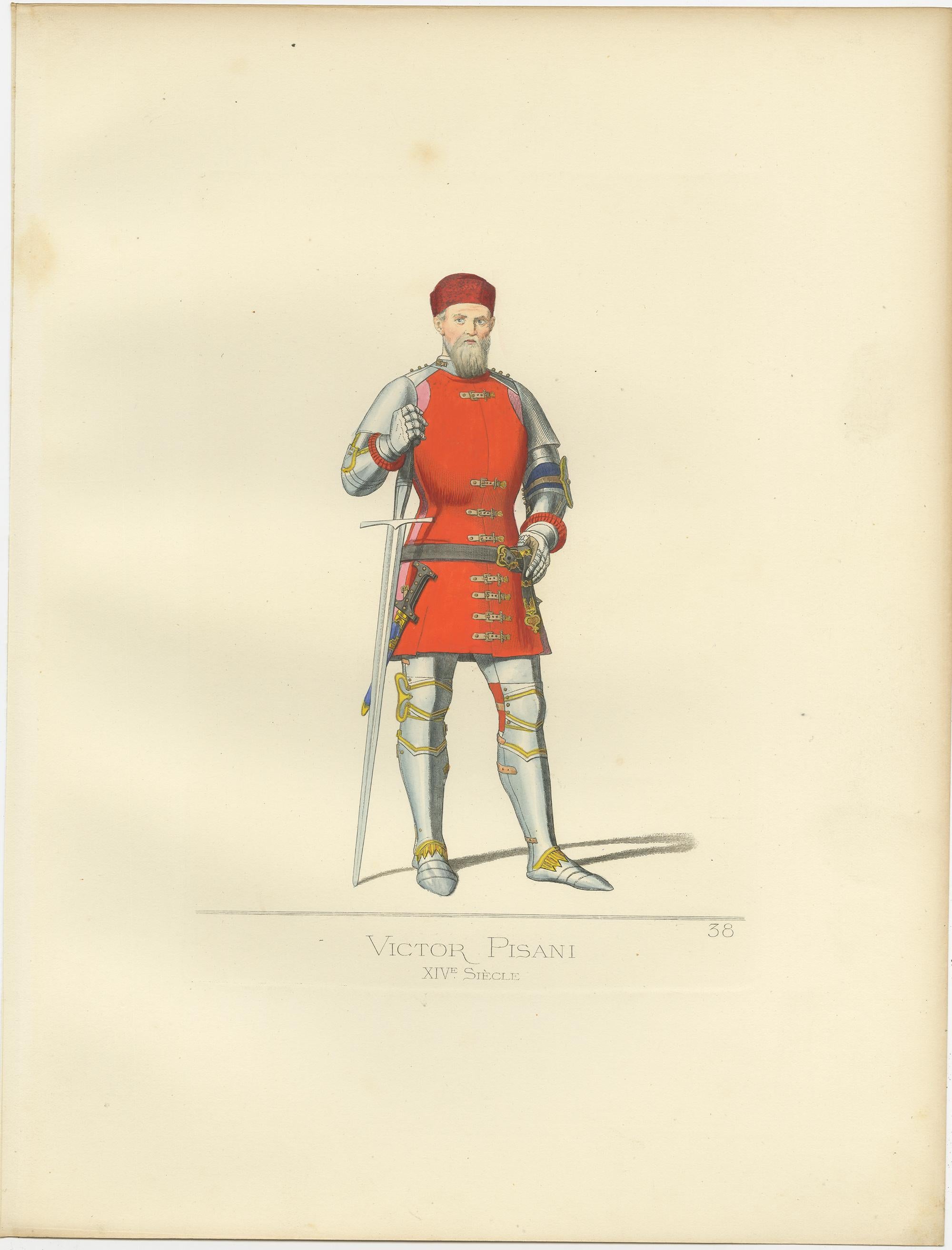 Antique print titled ‘Victor Pisani, XIVe Siecle.’ Original antique print of Vettor Pisani, a 14th century Venetian admiral. This print originates from 'Costumes historiques de femmes du XIII, XIV et XV siècle' by C. Bonnard. Published 1860.