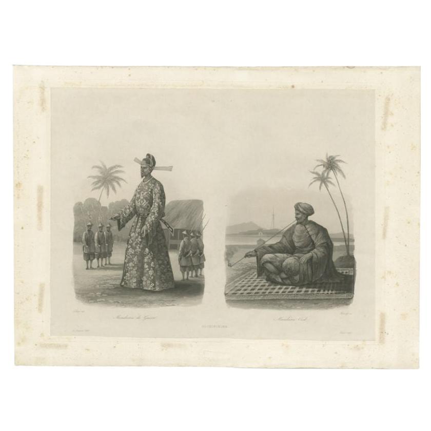 Antique print titled 'Cochinchine'. Two portaits of Vietnamese men one showing in military attire and the second in civilian dress. Originates from the series 'Voyage autour du monde par les mers de l'Inde et de la Chine de la corvette de sa Majeste