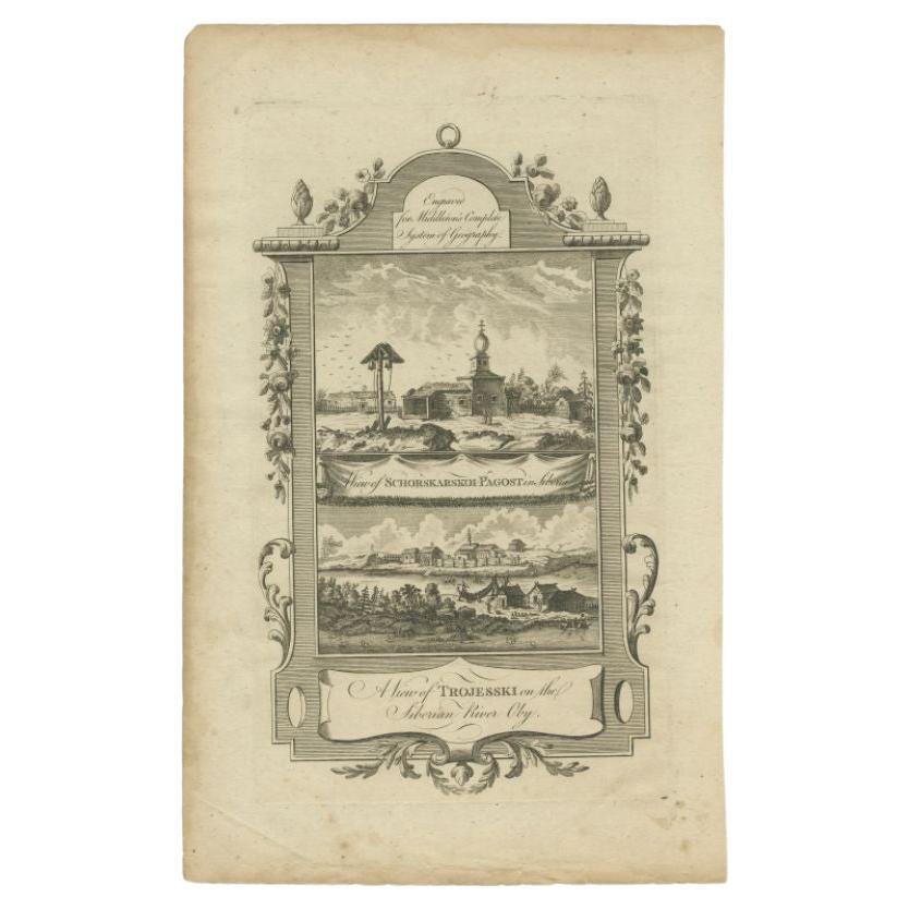 Antique print titled 'A view of Trojesski on the Siberian River Oby'. The upper view is titled 'A View of Schorskarskoi-Pagost in Siberia'. Views of two towns on the Ob River. This river is one of the greatest rivers that flows from Asia and north