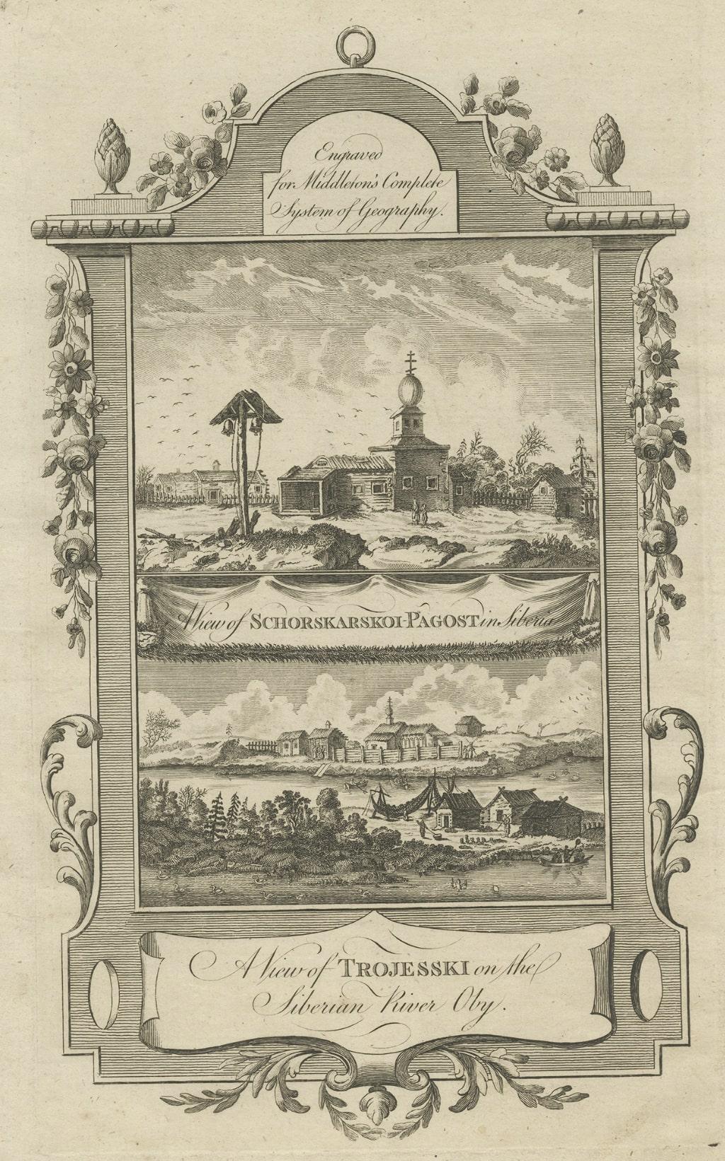 Fino al XVIII secolo Stampa antica di villaggi vicino al fiume Ob, Siberia occidentale, Russia, 1778 ca. in vendita