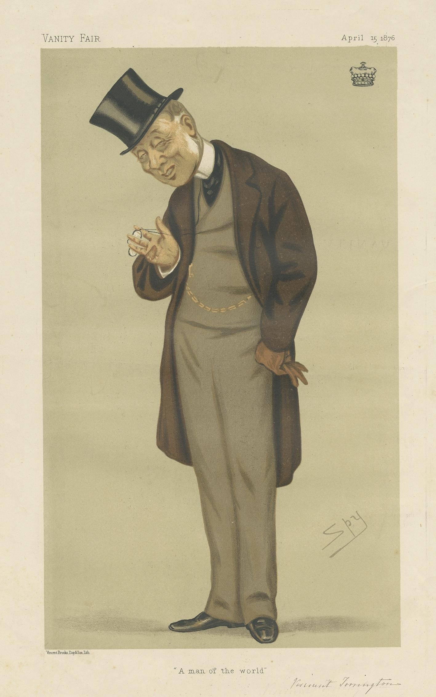 Antique print titled 'A man of the World'. George Byng, 7th Viscount Torrington (9 September 1812–27 April 1884), was a British Colonial administrator and courtier. This caricature print originates from the Vanity Fair of April 15, 1876.