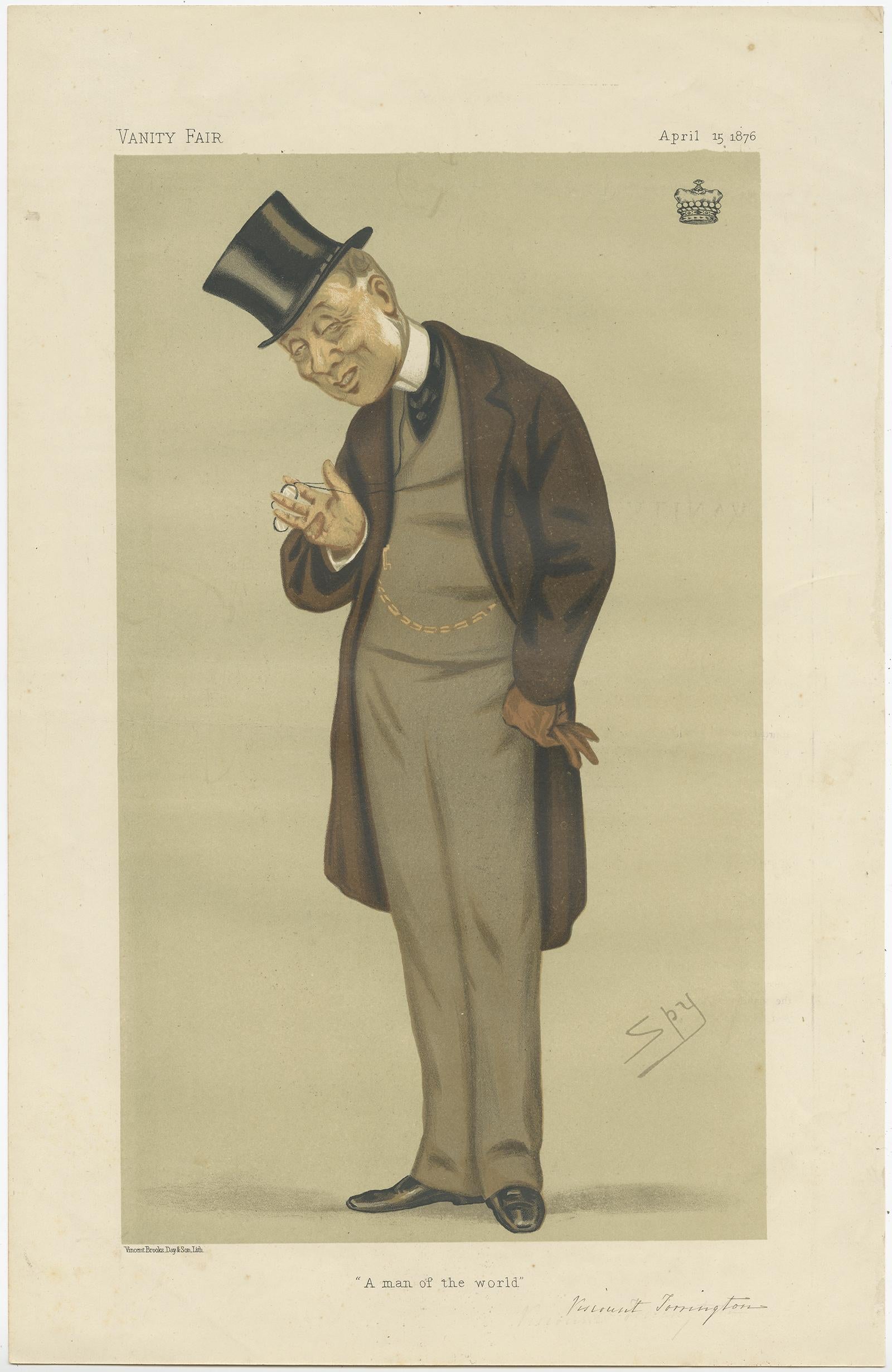 19th Century Antique Print of Viscount Torrington Published in the Vanity Fair, 1876 For Sale