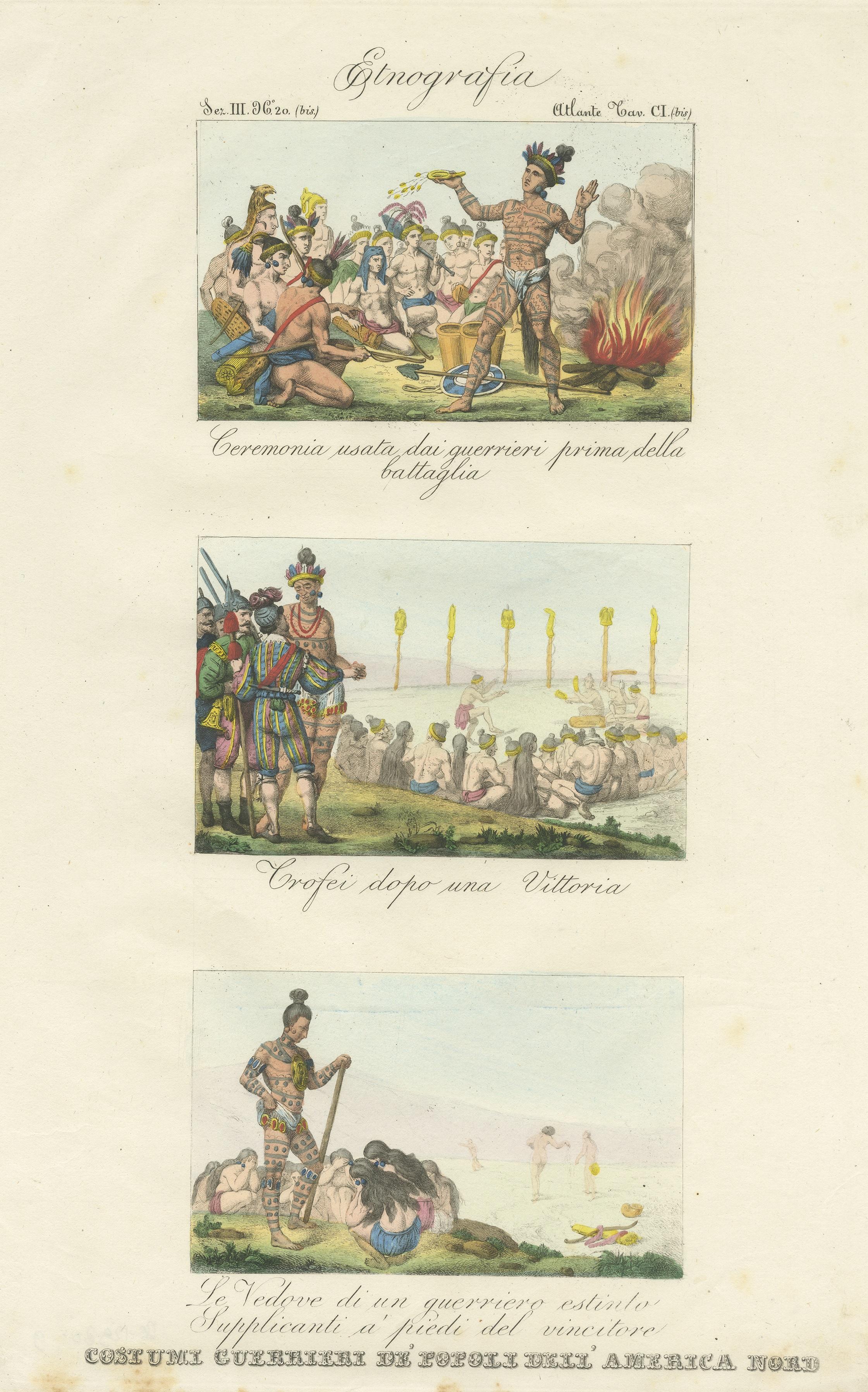 Antique print titled 'Costumi Guerrieri de' popoli dell' America Nord'. Beautiful original antique print illustrating warrior costumes and scenes of North America. This print originates from 'Atlante di geografia storica universale: raccolta di