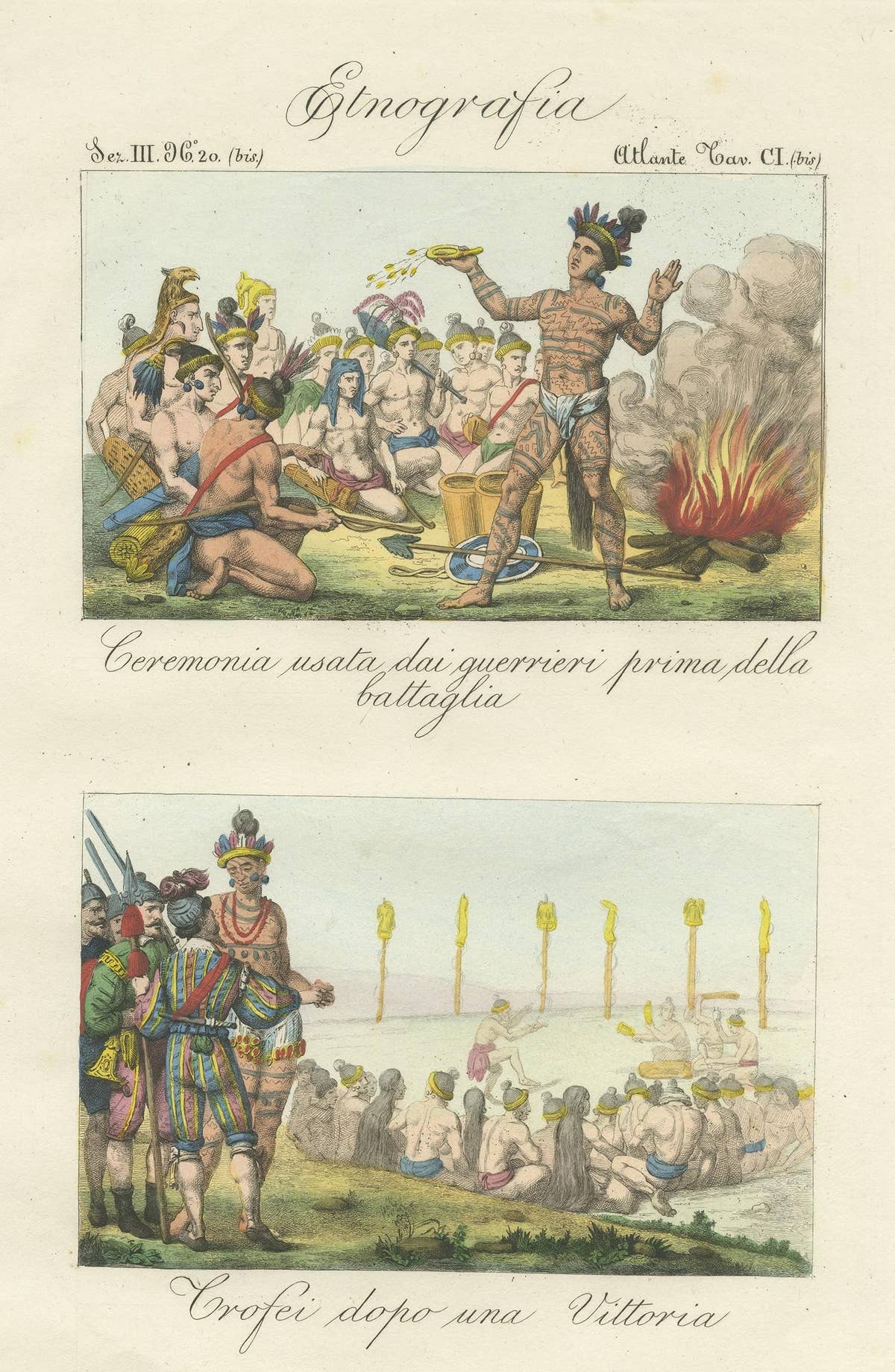 Antique Print of Warrior Costumes and Scenes of North America, '1845'