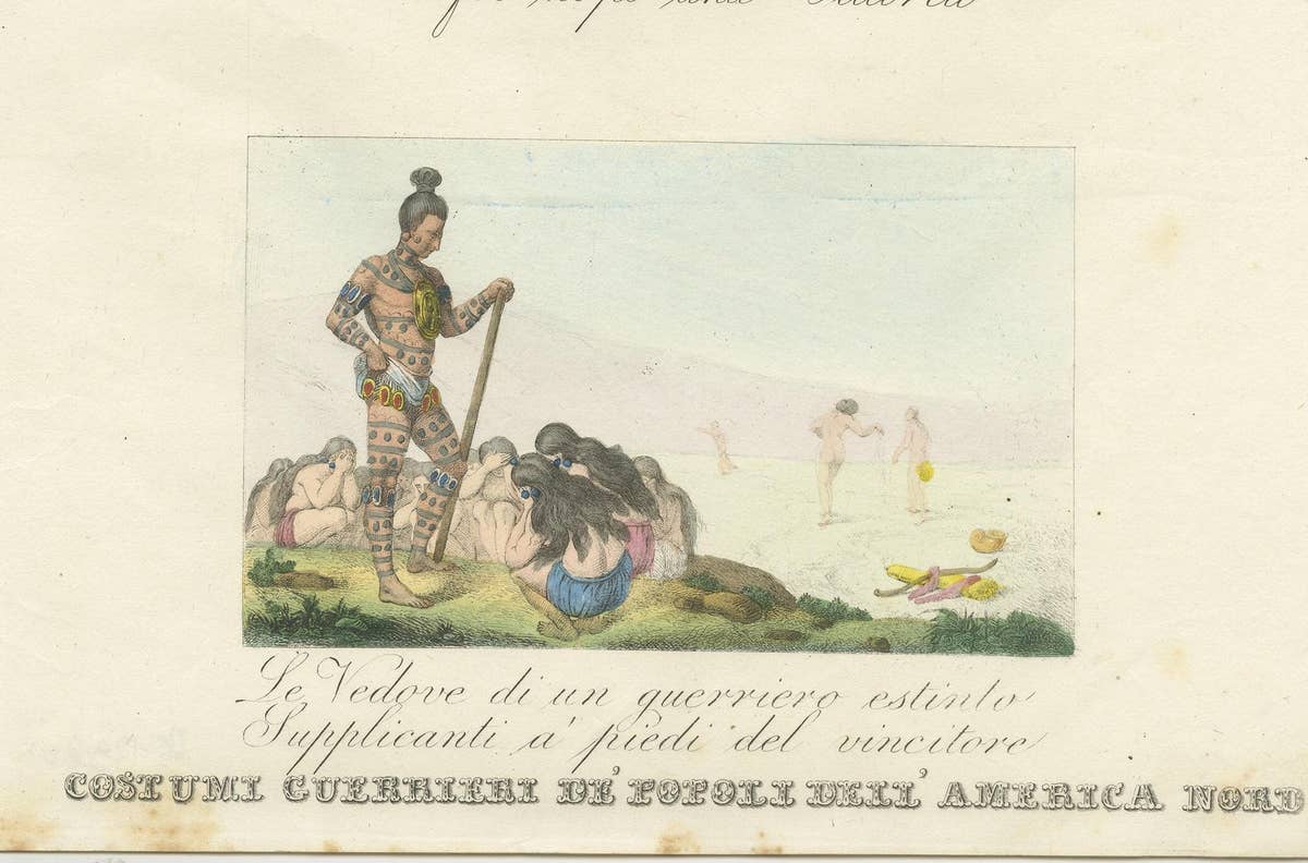 Antique Print of Warrior Costumes and Scenes of North America, '1845'