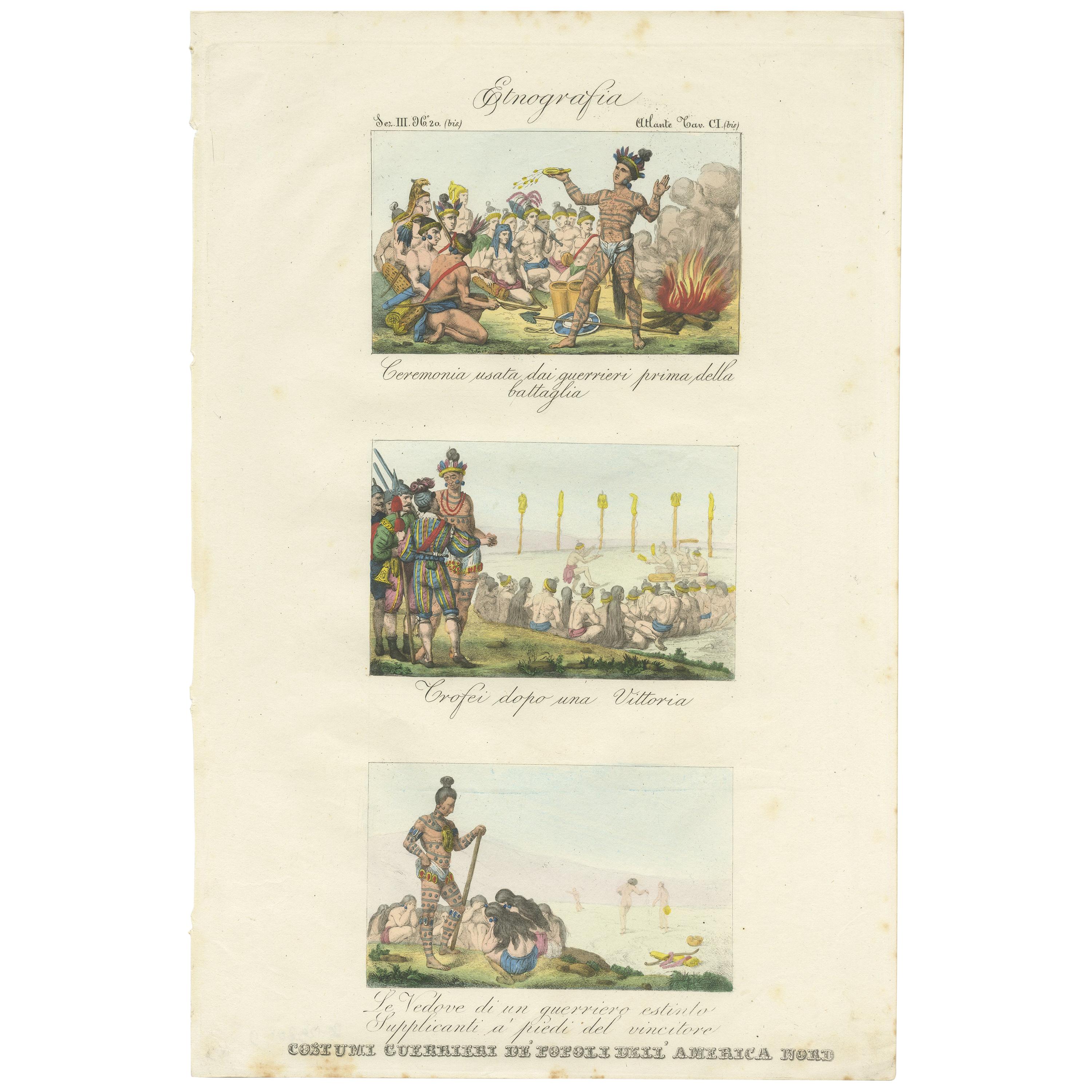 Antique Print of Warrior Costumes and Scenes of North America, '1845' For Sale