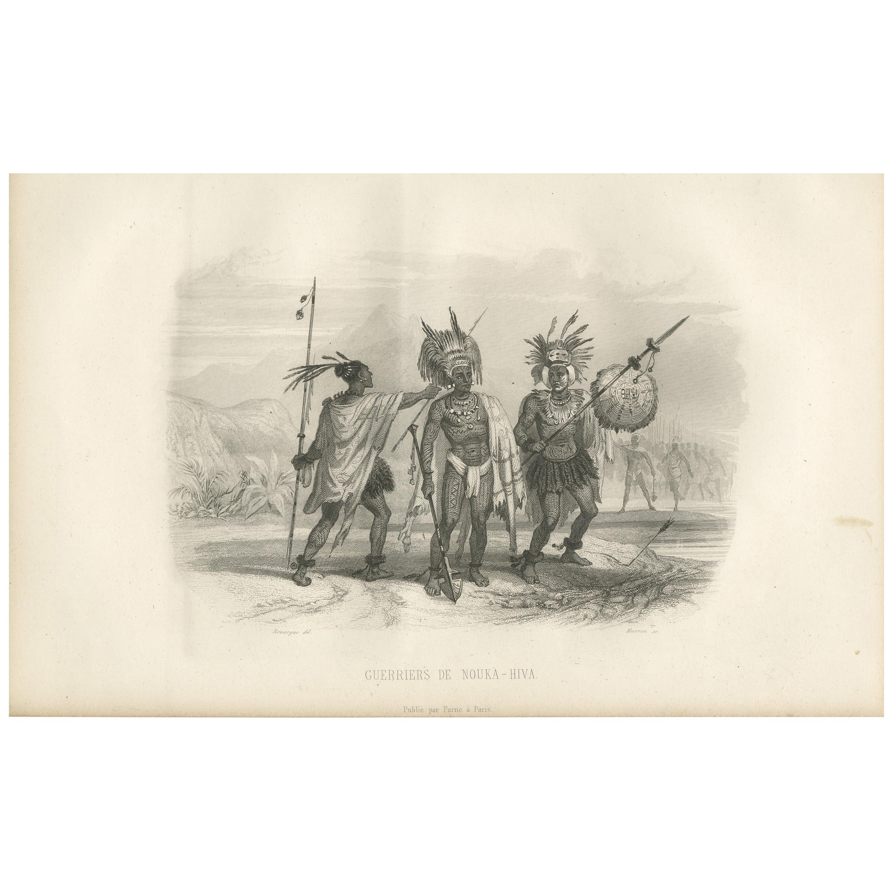 Antique Print of Warriors of Nuka Hiva by D'Urville (1853) For Sale