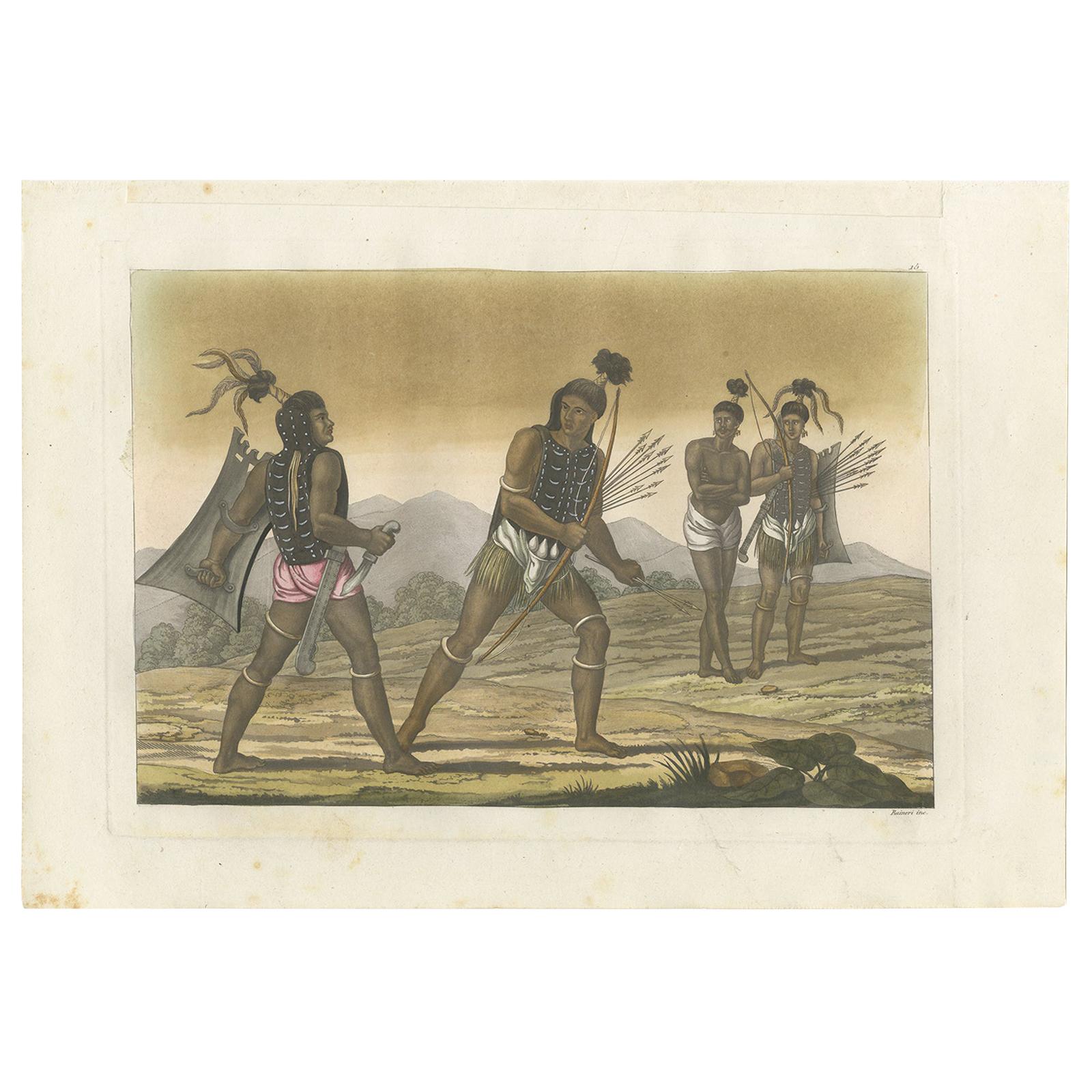 Antique Print of Warriors on Ombai Island by Ferrario, '1831' For Sale