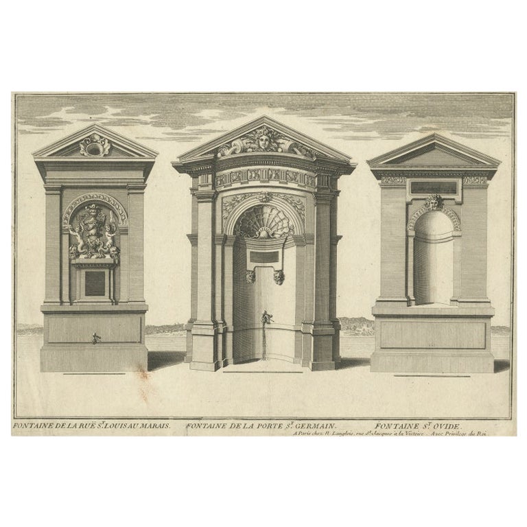 Grabado antiguo de Fuentes de agua en París por Perelle, c.1660