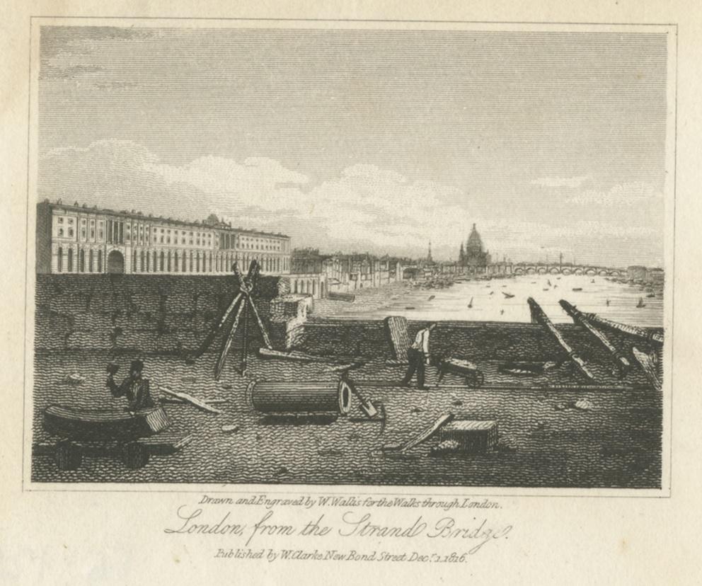 Antique print titled 'London from the Strand Bridge'. Miniature print of Waterloo Bridge seen during its construction. Published by W. Clarke, 1816.