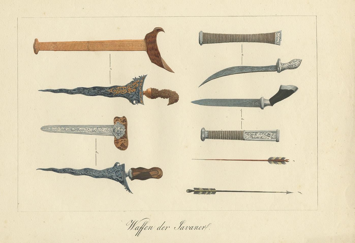 Antique print titled 'Waffen der Javaner'. Uncommon engraving of weapons from Java, Indonesia. Shows; a: Gollok, b: Badeh; c: Kris; d: Kris of the Madurese; e: arrow from Java; f: arrow from Ternate. This print originates from 'Skizzen von der Insel