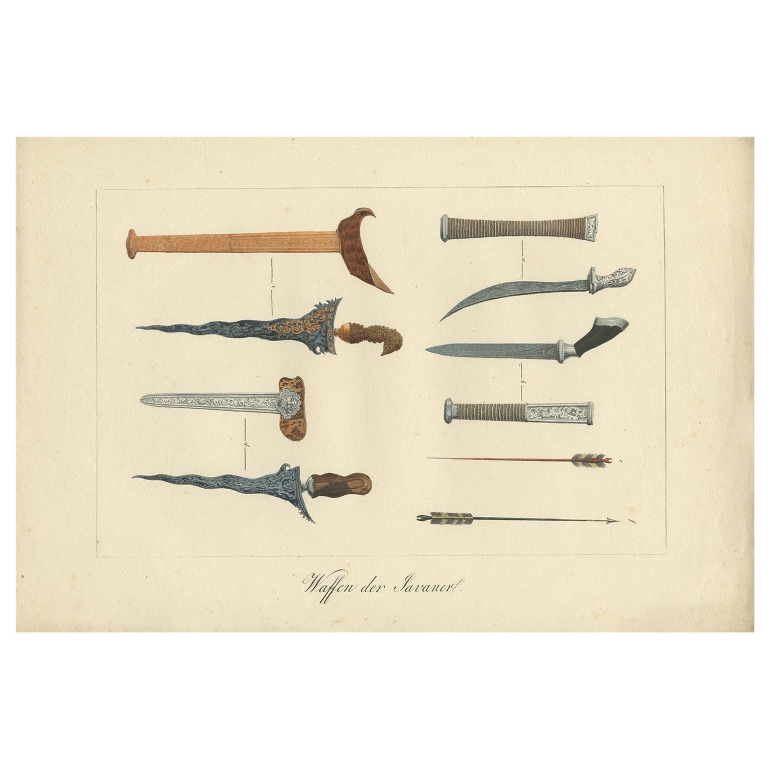 Decorative Antique Print of Traditional Weapons of the Javanese, Indonesia, 1830 For Sale