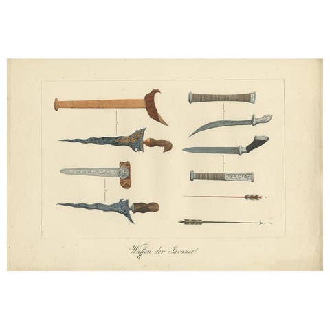 Decorative Antique Print of Traditional Weapons of the Javanese, Indonesia, 1830