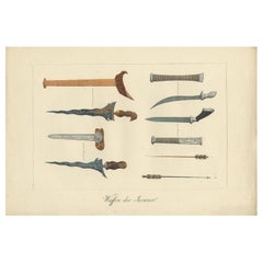 Decorative Antique Print of Traditional Weapons of the Javanese, Indonesia, 1830