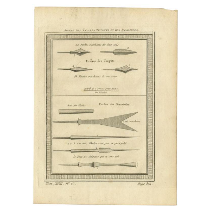 Antique print titled 'Armes des Tatares Tunguts et des Samojedes'. Copper engraving of weapons, like arrowheads, of the Tartar Tanguts and the Samoyeds. This print originates from volume 18 of 'Histoire generale des voyages (..)' by Antoine Francois