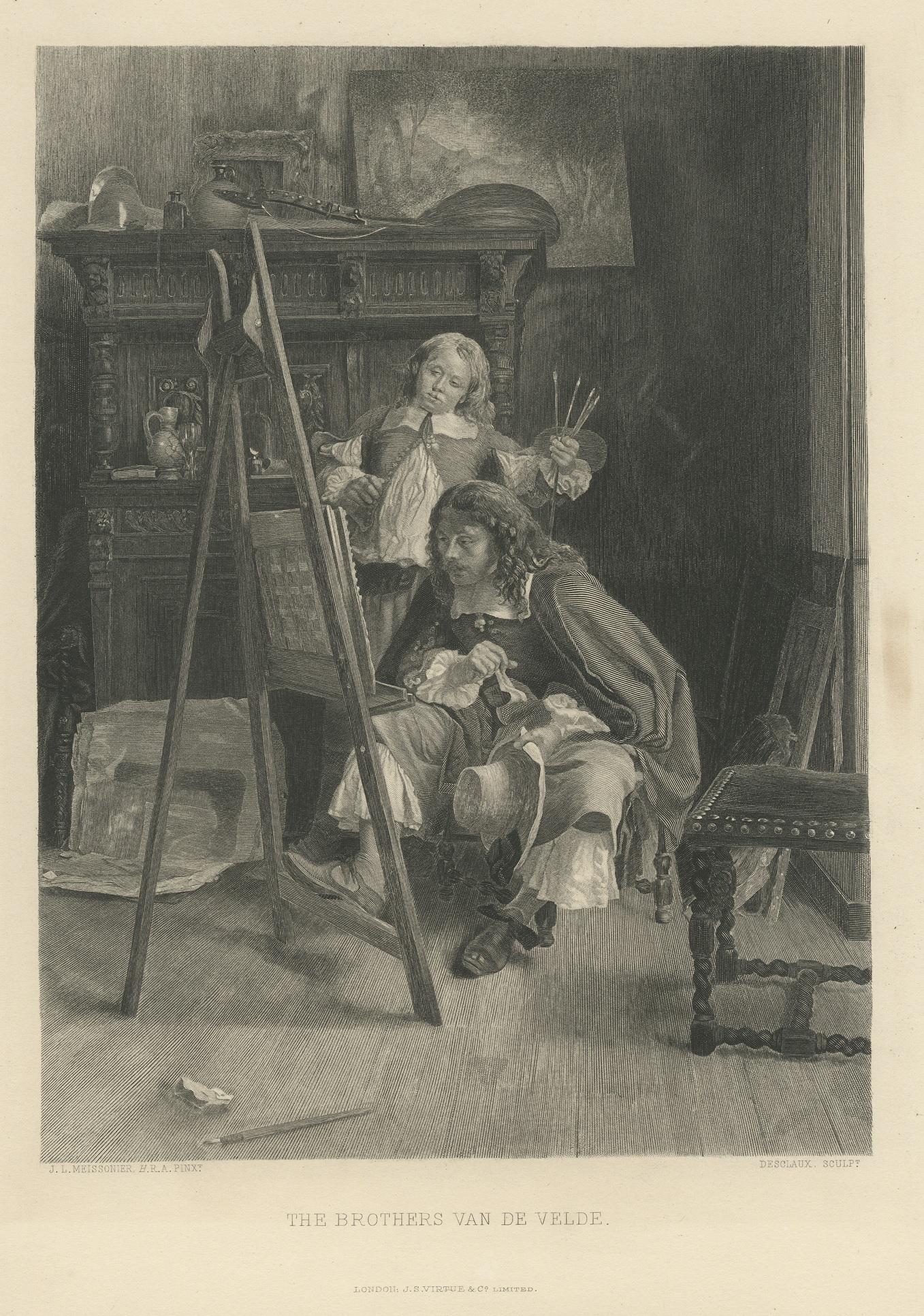 Antique print titled 'The Brothers van de Velde'. The painters Willem Van de Velde the younger and Adriaen van de Velde studying a painting on an easel. This print originates from 'MEISSONIER: A Collection of Etchings and Engravings of Twelve of the