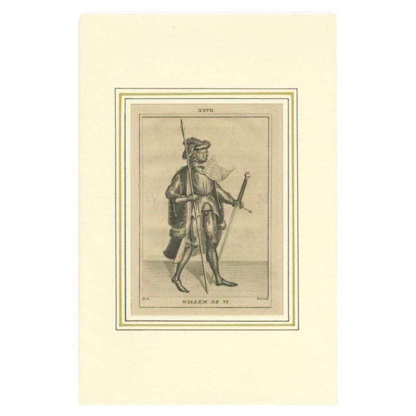 Antique print titled 'Willem de VI'. Original print of Willem VI of Hainaut, Holland and Zeeland, standing to the right in armor and cloak. A coat of arms on his shoulder. A sword in one hand and a spear in the other. This print originates from 'De