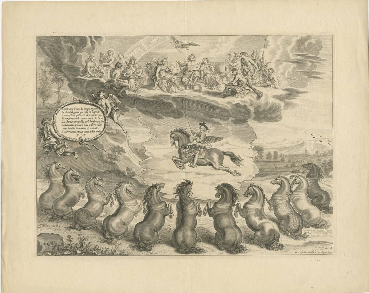 Antique Print of William Cavendish on the Winged Horse Pegasus